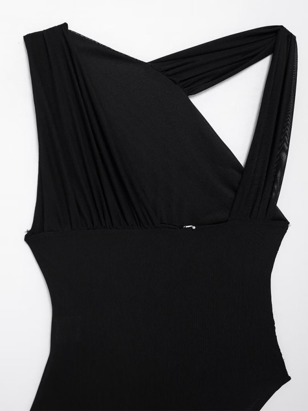 New asymmetric pleated tulle bodysuit-chiquechics