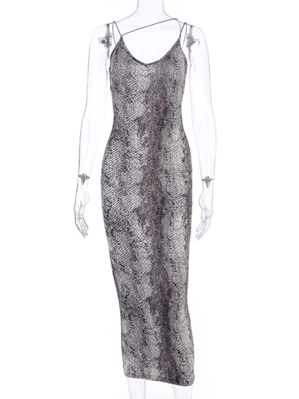 Suspender Sleeveless V-neck Leopard Snake Print Dress Fashion Sexy Midi Dress-chiquechics