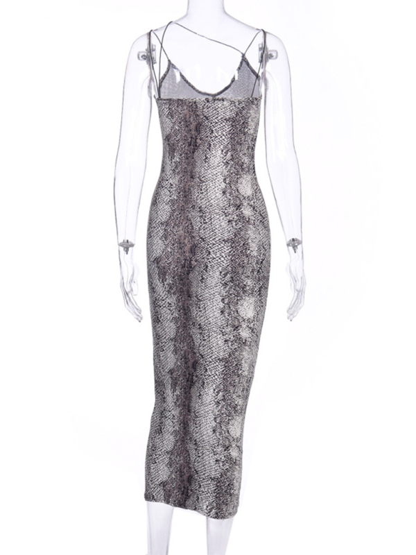 Suspender Sleeveless V-neck Leopard Snake Print Dress Fashion Sexy Midi Dress-chiquechics