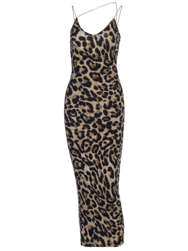 Suspender Sleeveless V-neck Leopard Snake Print Dress Fashion Sexy Midi Dress-chiquechics