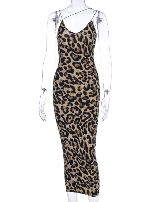 Suspender Sleeveless V-neck Leopard Snake Print Dress Fashion Sexy Midi Dress-chiquechics