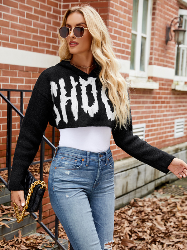 Halloween Sweater Letter Jacquard Long Sleeve Hoodie Pullover Short Knit Top-chiquechics