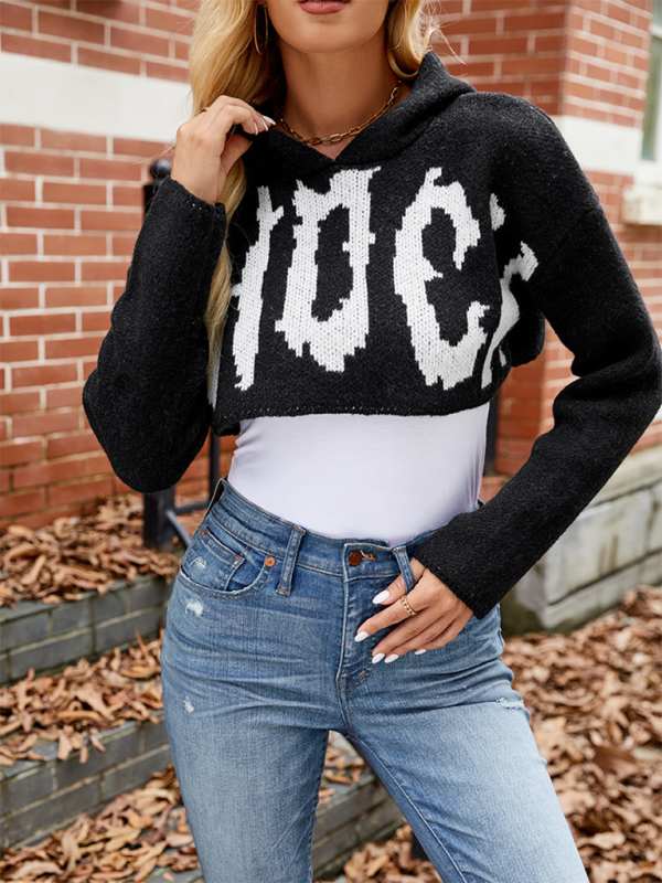 Halloween Sweater Letter Jacquard Long Sleeve Hoodie Pullover Short Knit Top-chiquechics