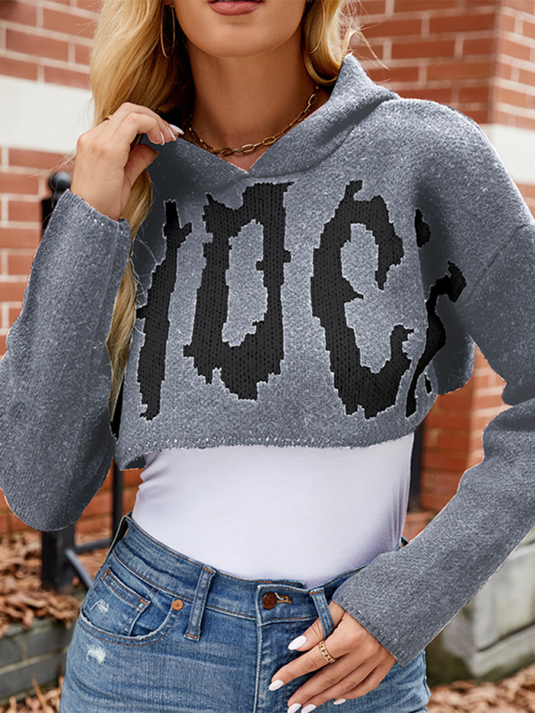 Halloween Sweater Letter Jacquard Long Sleeve Hoodie Pullover Short Knit Top-chiquechics