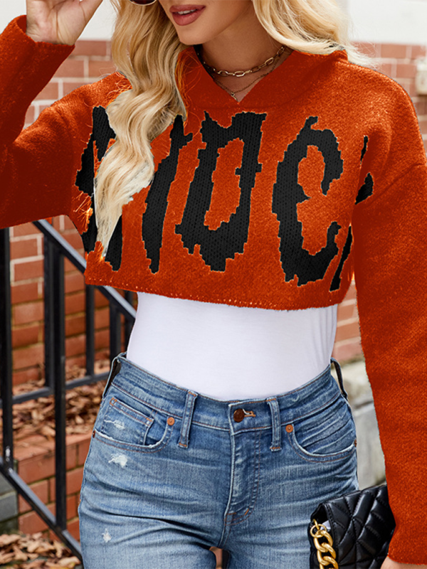 Halloween Sweater Letter Jacquard Long Sleeve Hoodie Pullover Short Knit Top-chiquechics