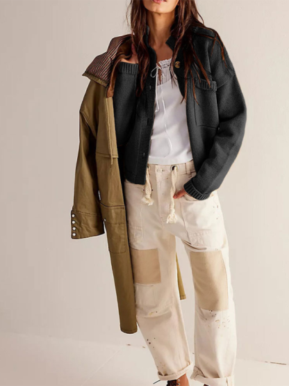 Women's Knit Jacket Standing Collar Solid Color Cardigan Sweater-chiquechics