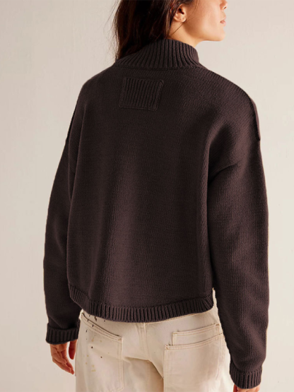 Women's Knit Jacket Standing Collar Solid Color Cardigan Sweater-chiquechics