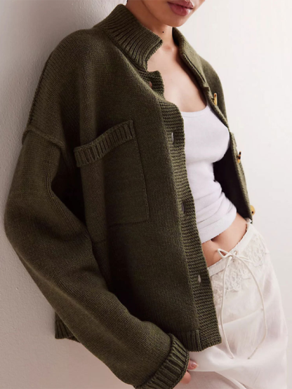 Women's Knit Jacket Standing Collar Solid Color Cardigan Sweater-chiquechics