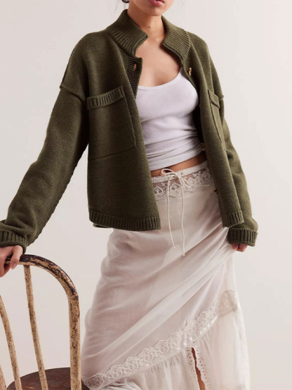 Women's Knit Jacket Standing Collar Solid Color Cardigan Sweater-chiquechics