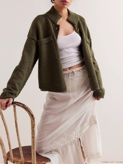 Women's Knit Jacket Standing Collar Solid Color Cardigan Sweater-chiquechics
