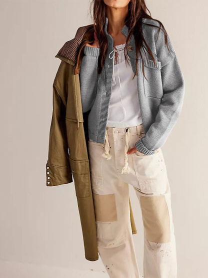 Women's Knit Jacket Standing Collar Solid Color Cardigan Sweater-chiquechics