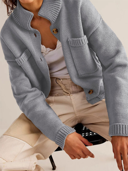 Women's Knit Jacket Standing Collar Solid Color Cardigan Sweater-chiquechics