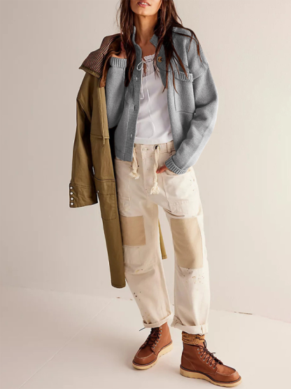 Women's Knit Jacket Standing Collar Solid Color Cardigan Sweater-chiquechics