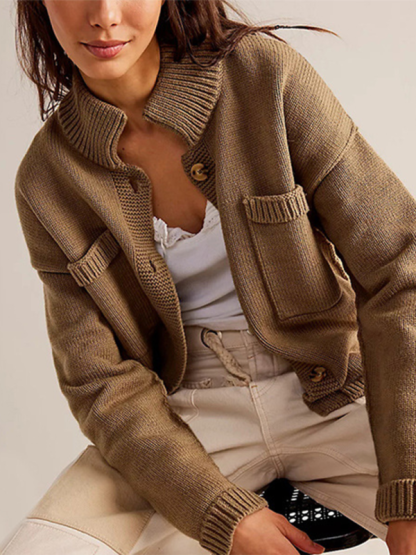 Women's Knit Jacket Standing Collar Solid Color Cardigan Sweater-chiquechics