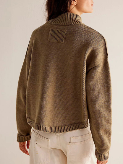 Women's Knit Jacket Standing Collar Solid Color Cardigan Sweater-chiquechics