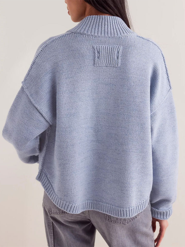 Women's Knit Jacket Standing Collar Solid Color Cardigan Sweater-chiquechics