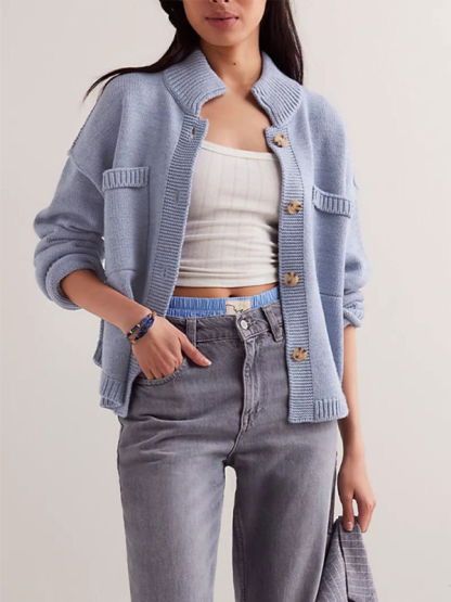 Women's Knit Jacket Standing Collar Solid Color Cardigan Sweater-chiquechics