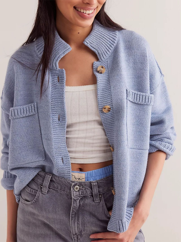 Women's Knit Jacket Standing Collar Solid Color Cardigan Sweater-chiquechics