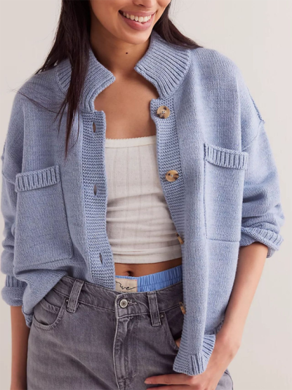 Women's Knit Jacket Standing Collar Solid Color Cardigan Sweater-chiquechics
