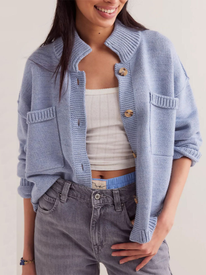 Women's Knit Jacket Standing Collar Solid Color Cardigan Sweater-chiquechics