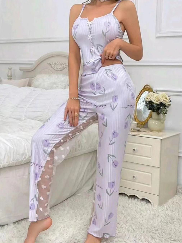 New home printing color collision splicing mesh home wear front open sling pajama set-chiquechics