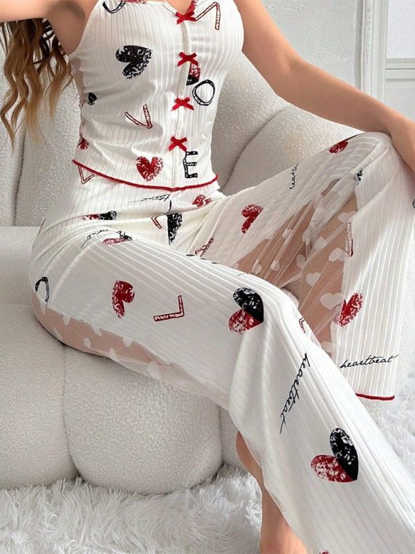 New home printing color collision splicing mesh home wear front open sling pajama set-chiquechics