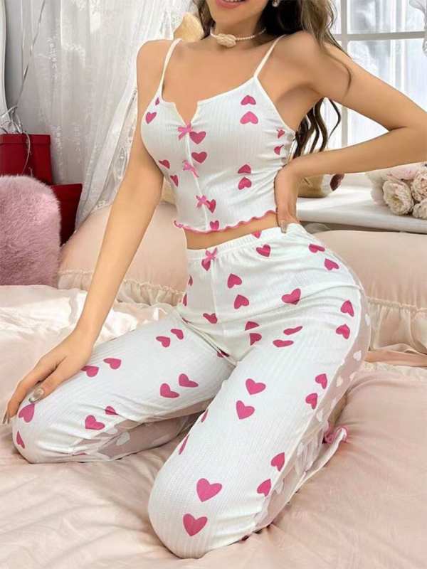 New home printing color collision splicing mesh home wear front open sling pajama set-chiquechics