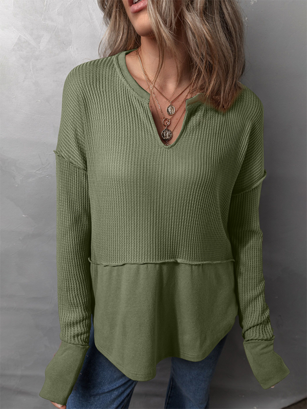 Women's Casual Shirt Solid Color Long Sleeve Patchwork Solid Color Loose Top-chiquechics