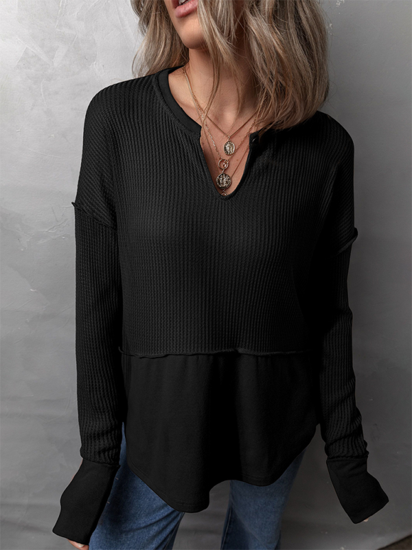 Women's Casual Shirt Solid Color Long Sleeve Patchwork Solid Color Loose Top-chiquechics