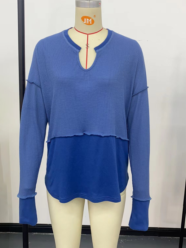 Women's Casual Shirt Solid Color Long Sleeve Patchwork Solid Color Loose Top-chiquechics