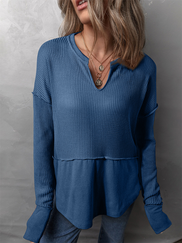 Women's Casual Shirt Solid Color Long Sleeve Patchwork Solid Color Loose Top-chiquechics