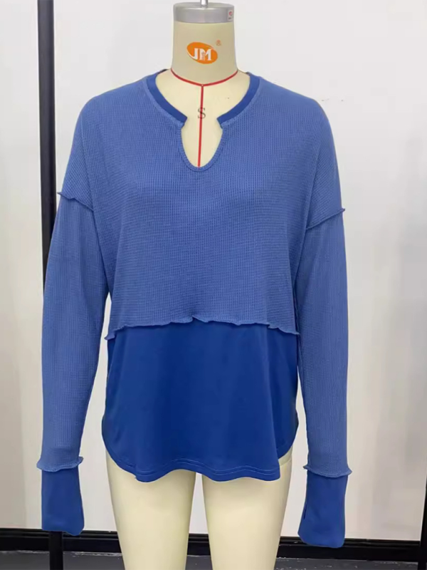 Women's Casual Shirt Solid Color Long Sleeve Patchwork Solid Color Loose Top-chiquechics
