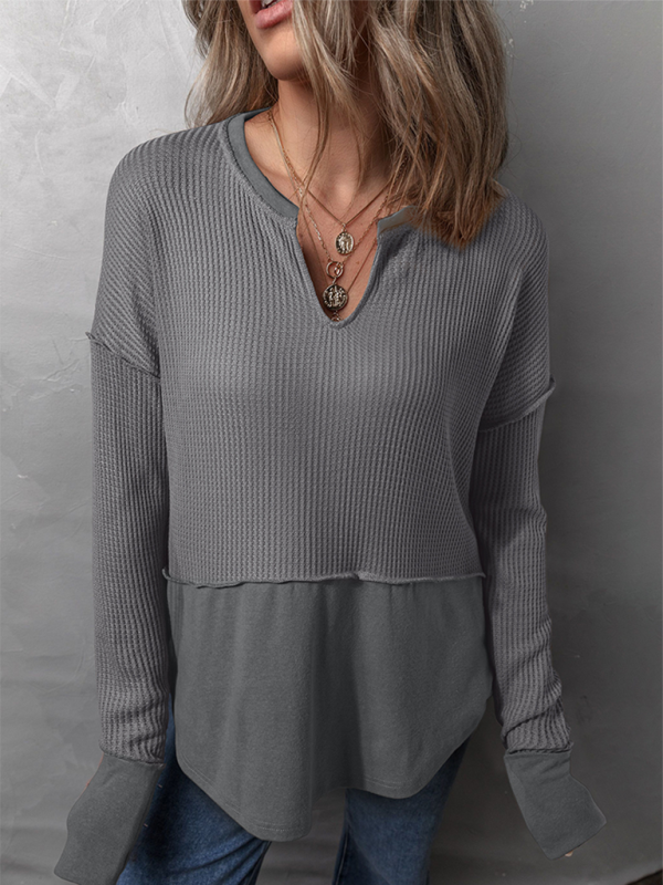 Women's Casual Shirt Solid Color Long Sleeve Patchwork Solid Color Loose Top-chiquechics