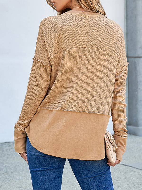 Women's Casual Shirt Solid Color Long Sleeve Patchwork Solid Color Loose Top-chiquechics