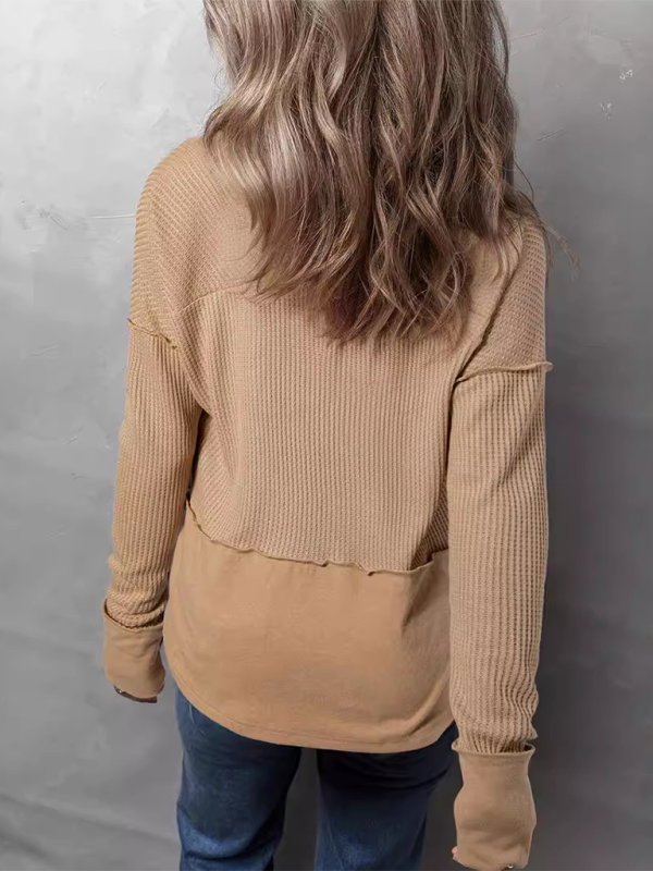 Women's Casual Shirt Solid Color Long Sleeve Patchwork Solid Color Loose Top-chiquechics