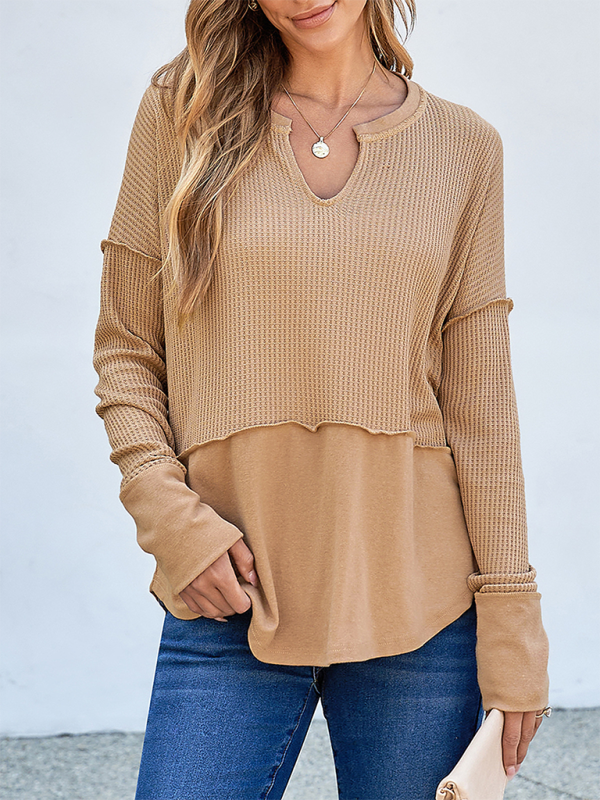 Women's Casual Shirt Solid Color Long Sleeve Patchwork Solid Color Loose Top-chiquechics