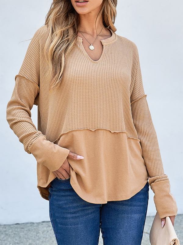 Women's Casual Shirt Solid Color Long Sleeve Patchwork Solid Color Loose Top-chiquechics