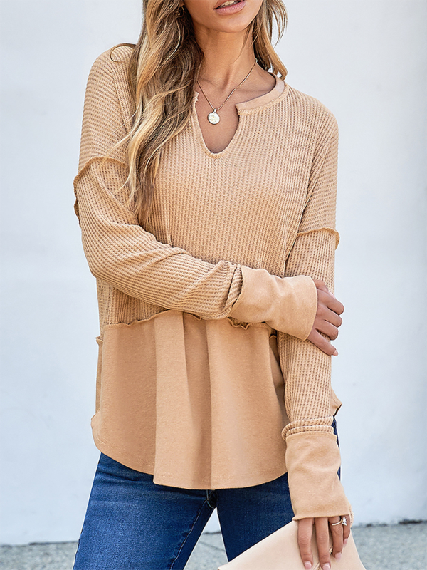 Women's Casual Shirt Solid Color Long Sleeve Patchwork Solid Color Loose Top-chiquechics