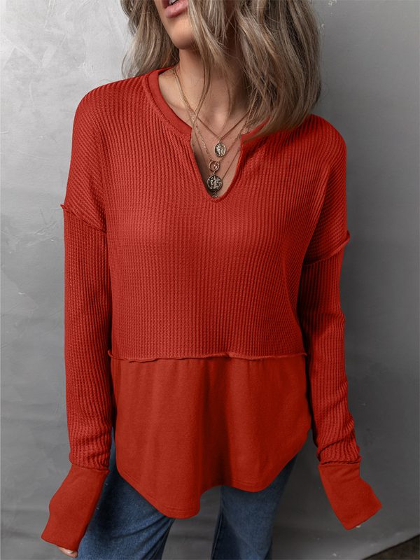 Women's Casual Shirt Solid Color Long Sleeve Patchwork Solid Color Loose Top-chiquechics