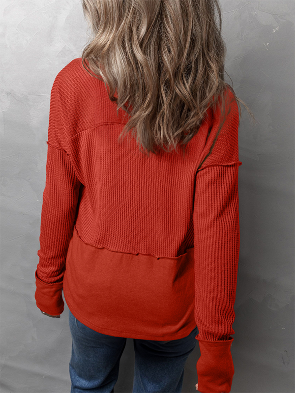 Women's Casual Shirt Solid Color Long Sleeve Patchwork Solid Color Loose Top-chiquechics