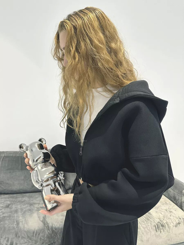 Casual Women's Solid Color Hoodie Long Sleeve Cropped Jacket Zipper Cardigan Sweatshirt-chiquechics