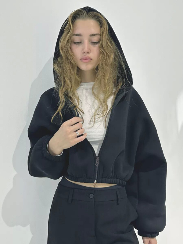 Casual Women's Solid Color Hoodie Long Sleeve Cropped Jacket Zipper Cardigan Sweatshirt-chiquechics