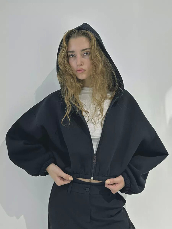 Casual Women's Solid Color Hoodie Long Sleeve Cropped Jacket Zipper Cardigan Sweatshirt-chiquechics