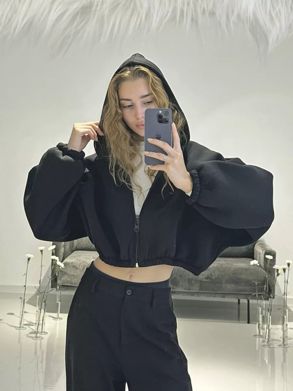 Casual Women's Solid Color Hoodie Long Sleeve Cropped Jacket Zipper Cardigan Sweatshirt-chiquechics