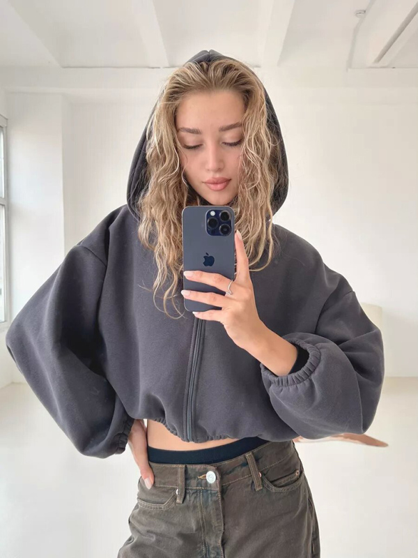 Casual Women's Solid Color Hoodie Long Sleeve Cropped Jacket Zipper Cardigan Sweatshirt-chiquechics