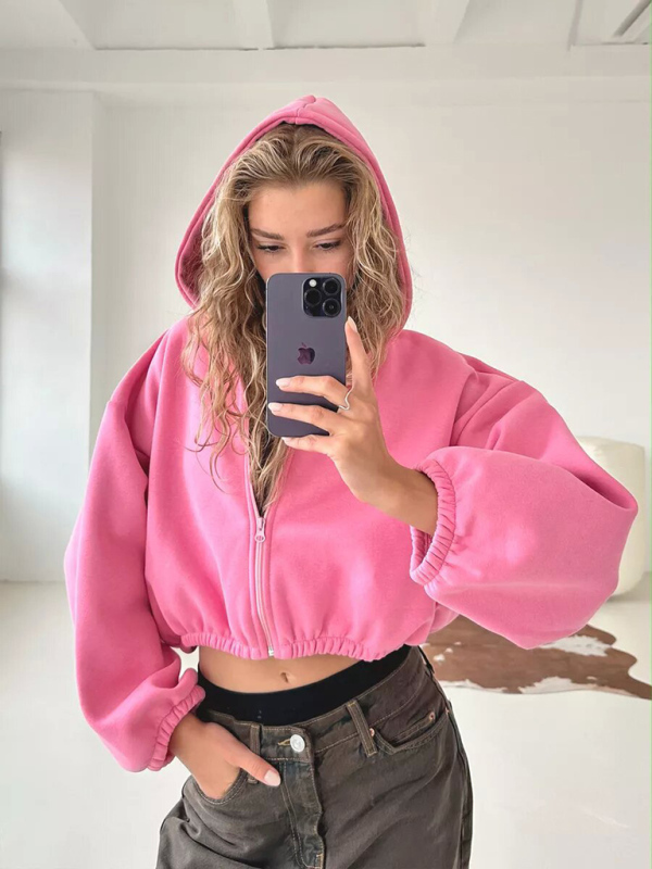 Casual Women's Solid Color Hoodie Long Sleeve Cropped Jacket Zipper Cardigan Sweatshirt-chiquechics