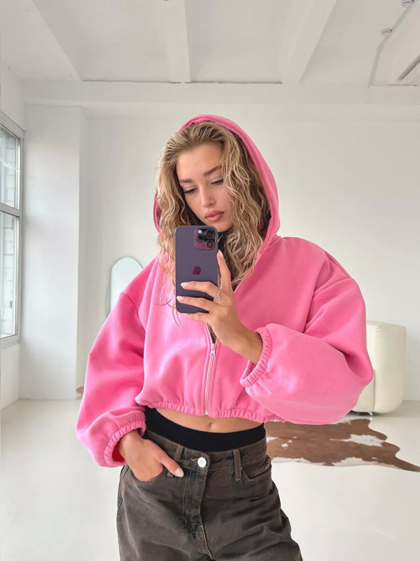 Casual Women's Solid Color Hoodie Long Sleeve Cropped Jacket Zipper Cardigan Sweatshirt-chiquechics