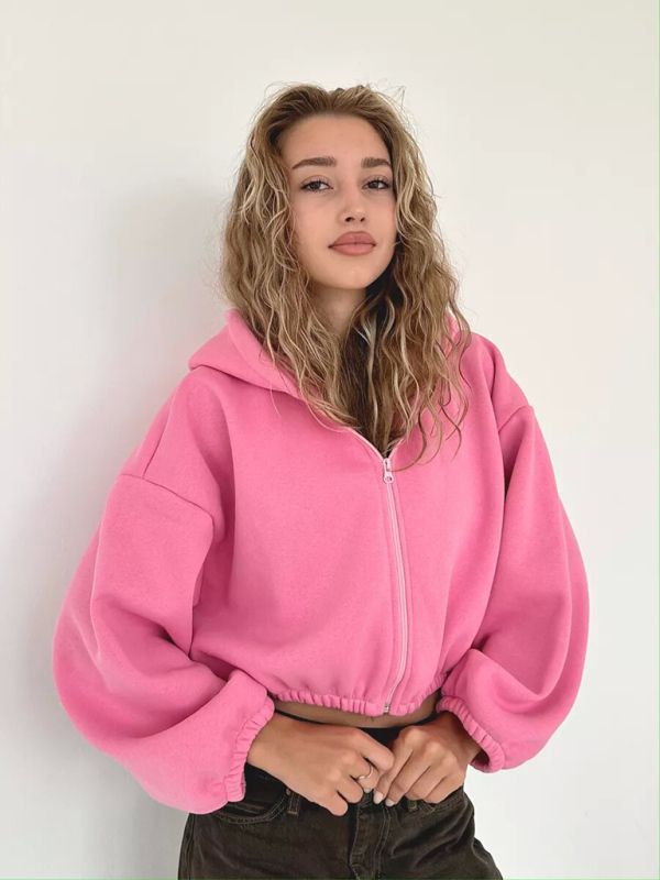 Casual Women's Solid Color Hoodie Long Sleeve Cropped Jacket Zipper Cardigan Sweatshirt-chiquechics