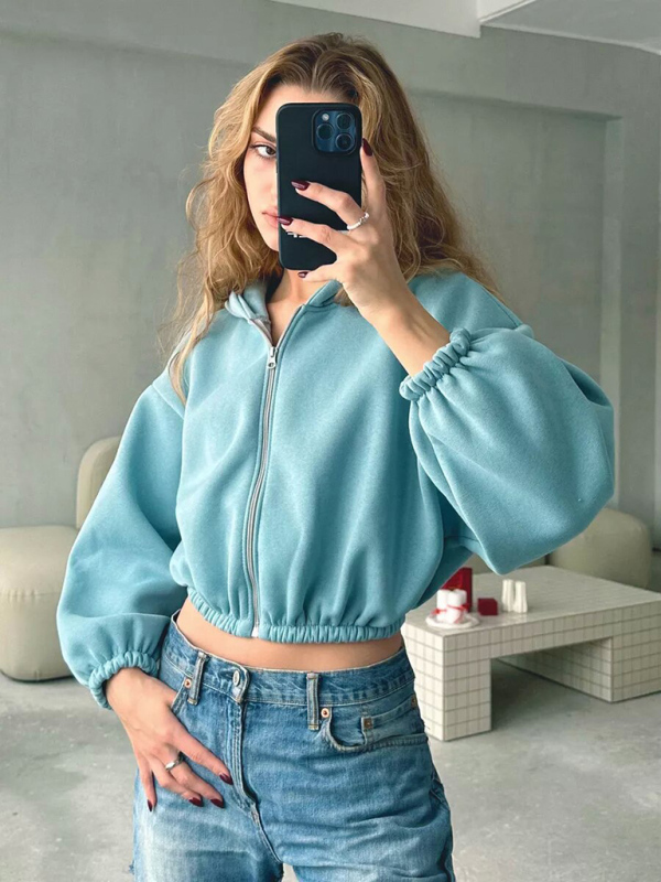 Casual Women's Solid Color Hoodie Long Sleeve Cropped Jacket Zipper Cardigan Sweatshirt-chiquechics