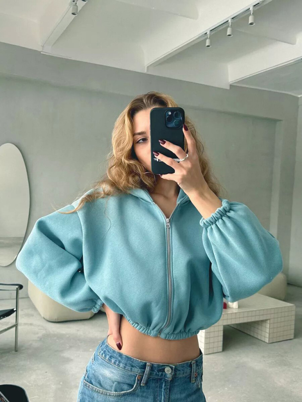 Casual Women's Solid Color Hoodie Long Sleeve Cropped Jacket Zipper Cardigan Sweatshirt-chiquechics